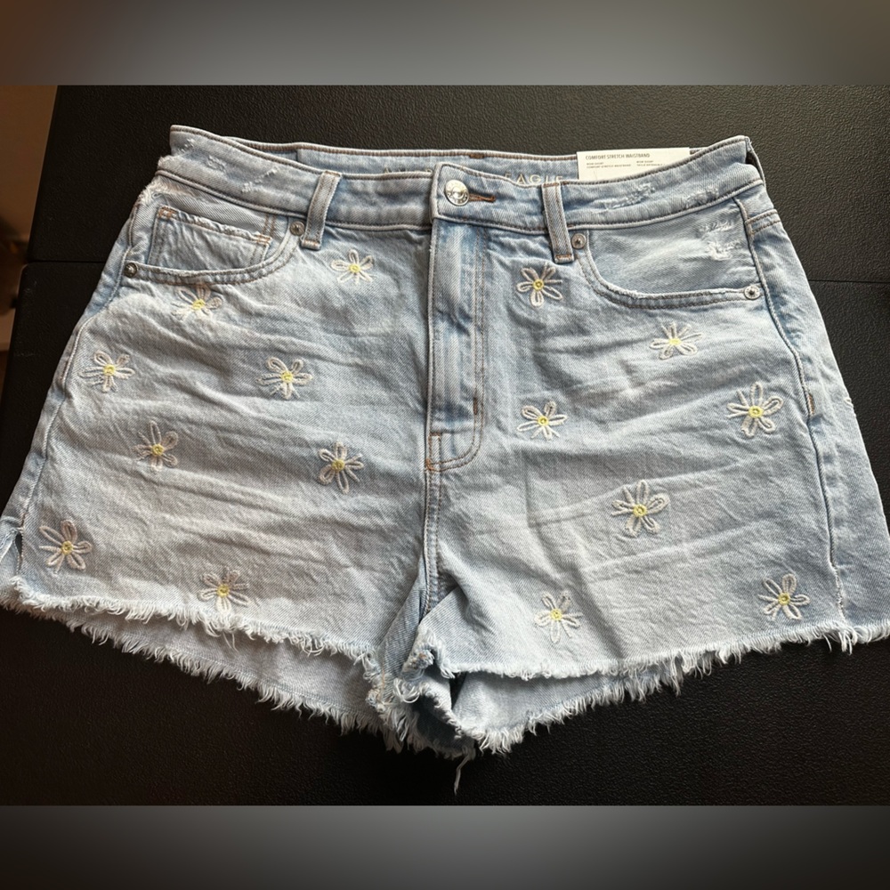 American Eagle Mom Stretch Light Blue Daisy Embroidered Denim Shorts size 8/29W